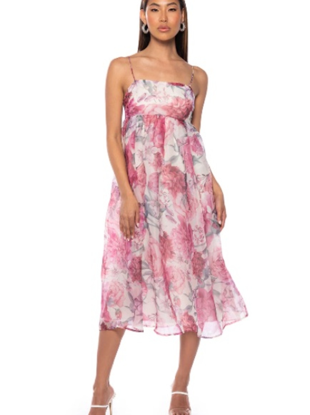 Storia Pink Floral Midi Dress with Spaghetti Straps
